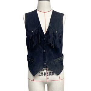 Vintage Now Next Womens Size M Black Suede Studded Fringe Western Vest